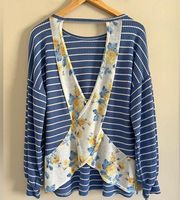 7th Ray Boutique blue striped waffle knit spring floral open back long sleeve top