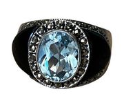 Sterling Silver Blue Topaz Onyx Ring, Vintage Blue Stone Marcasite Ring Sz 9.75