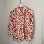 Liz Claiborne 100% Linen Floral Button Down Shirt with Loose 3/4 Sleeves