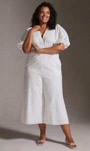 Anthropologie  White Puff Sleeved Smocked-Waist Eyelet Jumpsuit, XL