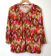 NEW NWT JONES NEW YORK Pink Orange Lime Green Brown Ikat Boho 3/4 Sleeve Blouse