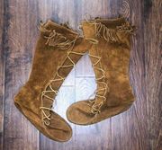 Minnetonka Vintage Fringe Tall Lace Boots Suede 10 Knee High Native Brown Tan
