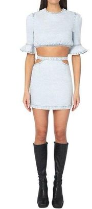 New WeWoreWhat Matching Set Denim Cut Out Waist Mini Skirt & Crop Top Sz Medium