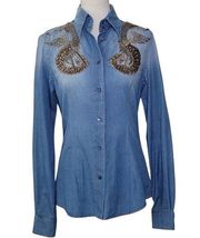 Dolce & Gabbana size 38 dragon embellished denim button down shirt