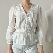 white dainty cottage prairie ruffle trim button cinched blouse top marc jacobs