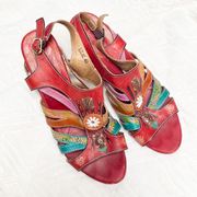 L Artiste Lily red multi colored playful block heeled pumps