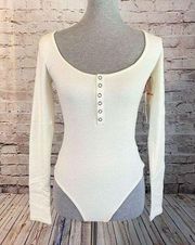 Open Edit Knit Womens Ivory Long Sleeve Scoop Neck Henley Bodysuit Medium NWT