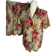 Vintage Radcliffe Hawaiian Short Set S L Tan Floral Buttons Up Top Elastic