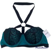 NWT Frederick’s of Hollywood Green Lace Halter Harness Padded Push-up Bra