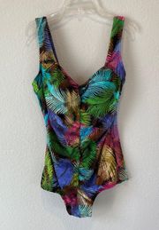 Tropical Floral Print Ruched Middle Retro One Piece Swimsuit size 14