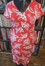 Lands End red Hawaiian tropical flower coconuts S knit dress
