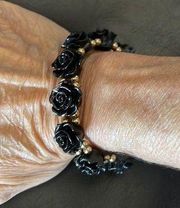 New Black Rosette & Gold Beads Stretch Bracelet