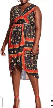 City Chic Printed Scarf Faux Wrap Midi Dress: Floral Patchwork Red Black