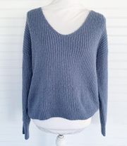 Blue V-Neck Keyhole Opening Open Back Oversized Knit Sweater Size M