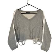 Generation Love Gray Long Sleeve Distressed V-Neck Crop Sweatshirt Women Sz XS