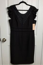 Nanette Lepore black floral embroidered ruffle sleeves sheath dress size 8