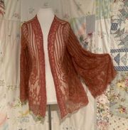 Dark Pink Sheer Lace Open Front Cardigan