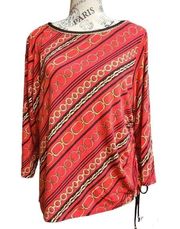 RUBY RD Petite Fit Red Chain Stripe Detailed 3/4 Sleeve Crew Neck Blouse Top