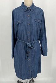 Laura Scott Denim Shirt Dress Sz L Blue Long Sleeve Belted 100% Cotton