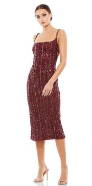 Mac Duggal 10770 Burgundy Red Beaded Spaghetti Strap Midi Slip Dress $398 Sz 2