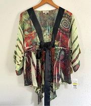 🦋 NWT One World Colorful Flowy Tie Front Bell Sleeve Blouse Medium