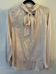 Express Nude Satin Long Sleeve Tie Neck Tunic Blouse Shirt Size Large NEW