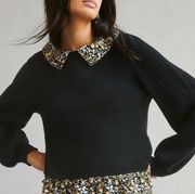 Maeve Anthropologie Textured Twofer Floral Peter Pan Collared Sweater Black xs