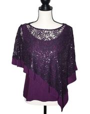 R&M Richards 6P Women's Poncho Mock Tank Blouse Purple Sequin