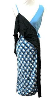 DIANE VON FURSTENBERG Blue & Black & White Kimono Wrap Plaid Silk Dress Size 0