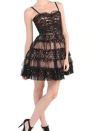 Black Lori Tulle Ruffle Lace Tiers with Sequins Mini Dress Size 6