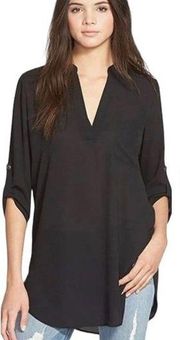 All In Favor Top Womens Small Chiffon V Neck Roll Tab Sleeves Hi Low Black
