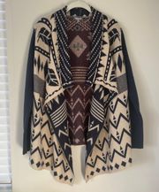 Aztec Print Asymmetrical Drape Front Open Long Cardigan