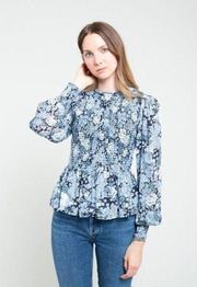 Ganni Blue Floral Printed Georgette Smock Long Sleeve Blouse Size 36