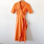 eShakti Orange A-Line Short Sleeve Midi Wrap Dress