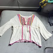 Saylor embroidered boho pompon blouse M