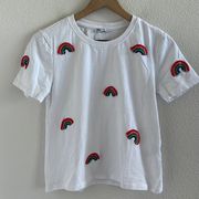 ZARA  Rainbow Crochet Patch on White Tee T-Shirt Medium