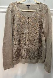 Ann Taylor Women’s XL Tan Sequins Front Cardigan Sweater Wool Cashmere Angora