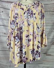 J Jill Floral Bell Sleeves Tunic Top Womens S Pintuck Pleat Gauze Side Slits