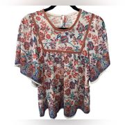 Flying Tomato Sheer Floral Peasant Cottage Bohemian Flowy Bell Sleeve Blouse S