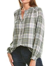 BEACH LUNCH LOUNGE Ellie Plaid Button Down Shirt Ruffle Trim Green White Small