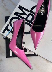 Versace Pink Pin-Point Stiletto Pumps with Curved Metal Logo Heel