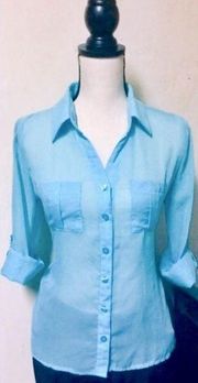 Light Blue Sheer Mesh Top Cover Up w/ Swimsuit or Blouse: Button Up, Sz. M