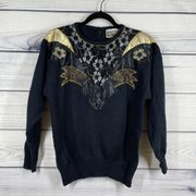 Anytime Glitz Gold & Black Satin Black Lace Applique Sweater Small