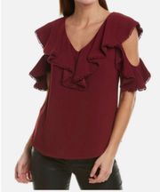 Red Wine Cold Shoulder Flutter Blouse