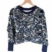 JOIE Sweatshirt Crop Jersey Top Paisley Blue Navy Trim Thumbholes Long Sleeve S