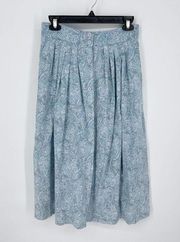 Crescent Bay VINTAGE Skirt 12 Blue Floral Paisley Pleats Buttons Elastic Waist