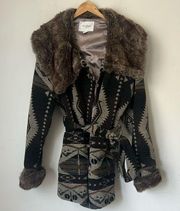 Jacklyn Smith western Aztec Print Coat Faux Fur Collar Belted Size 2XL