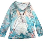 Bunny Rabbit T-shirt Size Large Long Sleeve V-neck Spring Blouse Pastel floral