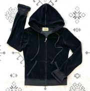 Juicy Couture Y2K Black Terry Clothe Zip Up Hoodie Embroidered Lace Sleeve Cuffs