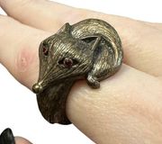 Vintage Bronze Furred Fox Ring Ruby Eyes Signed